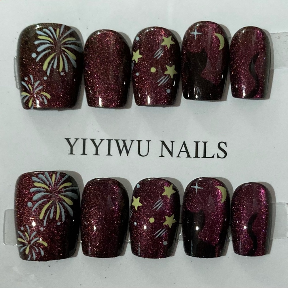 [M] 🐈‍⬛🌙🌟🎇10Pcs Wearable Press on Nails Full Cover Fireworks 🎆 Stars Purple